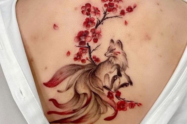Тату кицуне з квітами сакури на жіночій спині